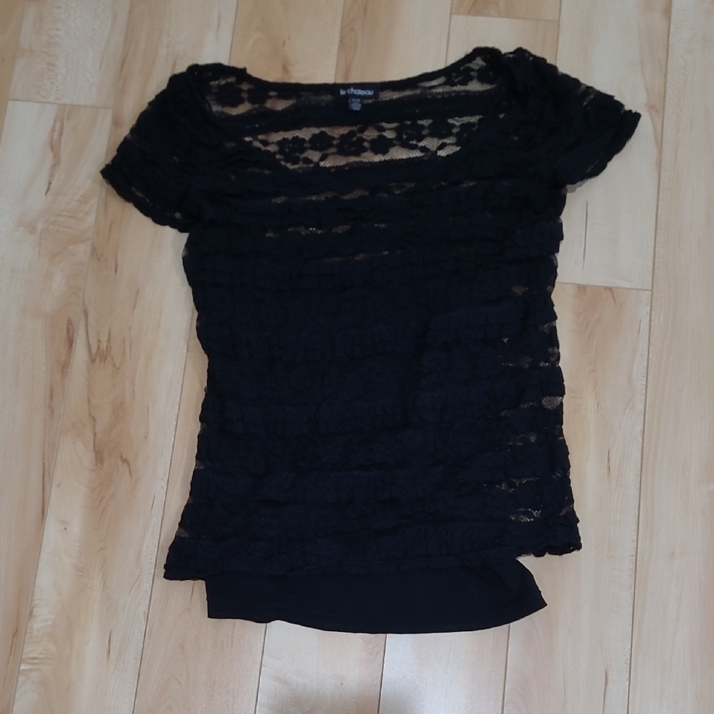 Le Chateau Women's Size XS Black Lace Top With A Tank Top Under It